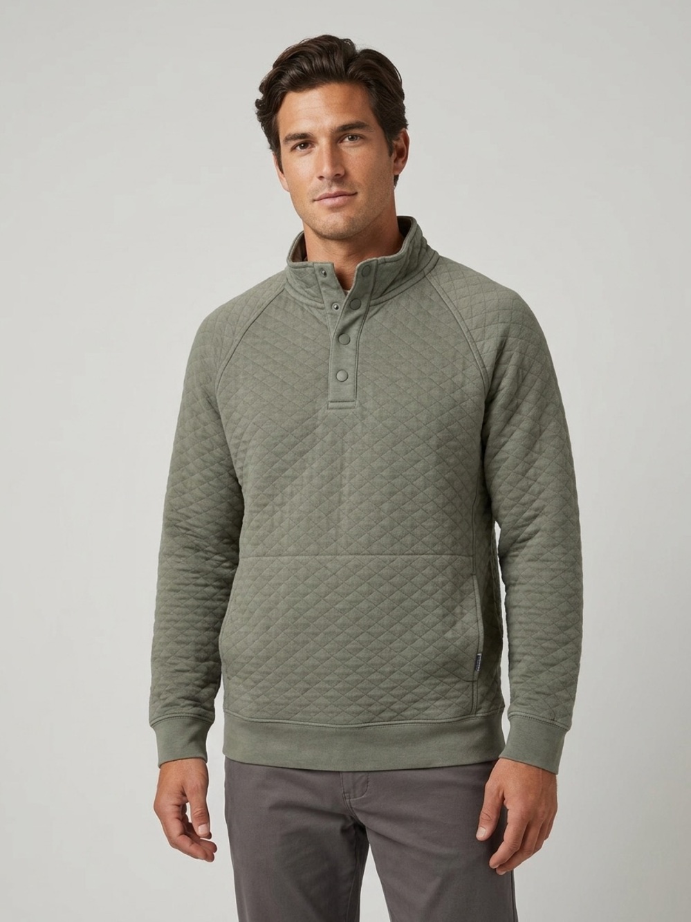 Eddie Bauer Quilted Olive Green Henley Sweatshirt
